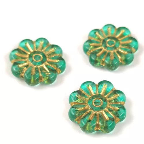 Cseh préselt virág gyöngy - Emerald Green Gold - 18mm