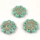 Cseh préselt virág gyöngy - Alabaster Turquoise Green Gold - 18mm