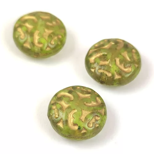 Cseh préselt lencse gyöngy - Crystal Matt Lime Gold - 14mm
