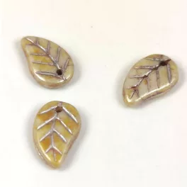   Czech Glass Bead - Elm Leaf - Alabaster Metallic Latte - 14x9mm
