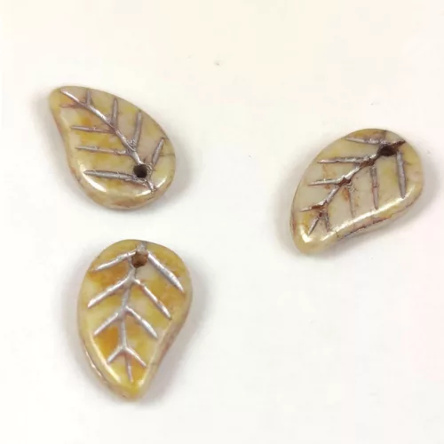 Czech Glass Bead - Elm Leaf - Alabaster Metallic Latte - 14x9mm