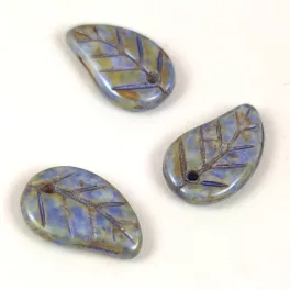  Czech Glass Bead - Elm Leaf - Alabaster Brown Blue Luster - 14x9mm