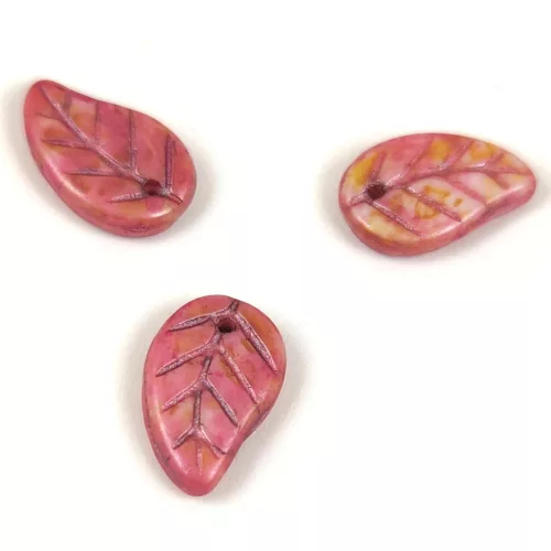 Czech Glass Bead - Elm Leaf - Alabaster Brown Pink Luster - 14x9mm