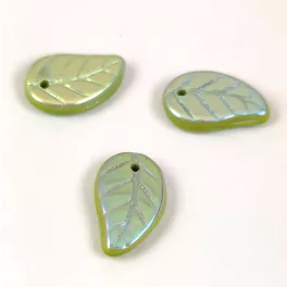 Czech Glass Bead - Elm Leaf - Green Full AB - 14x9mm