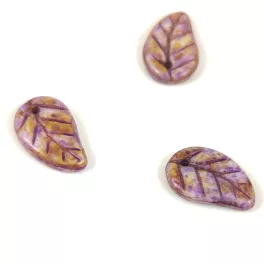   Czech Glass Bead - Elm Leaf - Alabaster Brown Purple Luster - 14x9mm