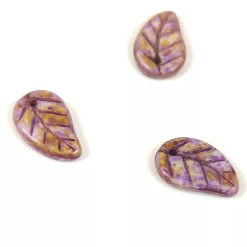 Czech Glass Bead - Elm Leaf - Alabaster Brown Purple Luster - 14x9mm
