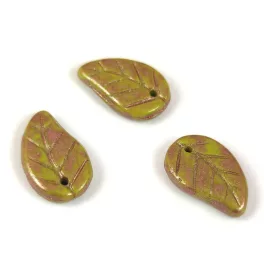 Czech Glass Bead - Elm Leaf - Green Travertine - 14x9mm