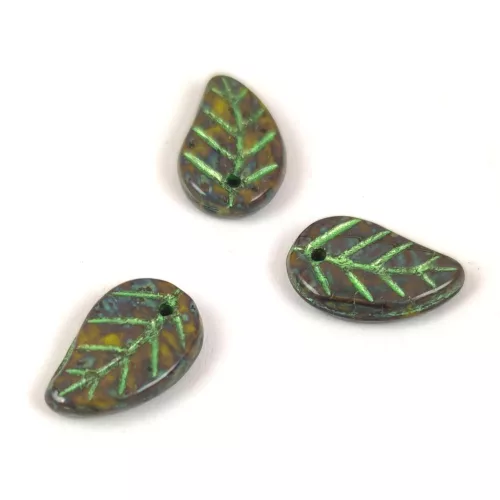 Czech Glass Bead - Elm Leaf - Green Travertine Lime - 14x9mm