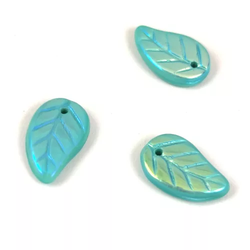 Czech Glass Bead - Elm Leaf - Turquoise Green AB - 14x9mm