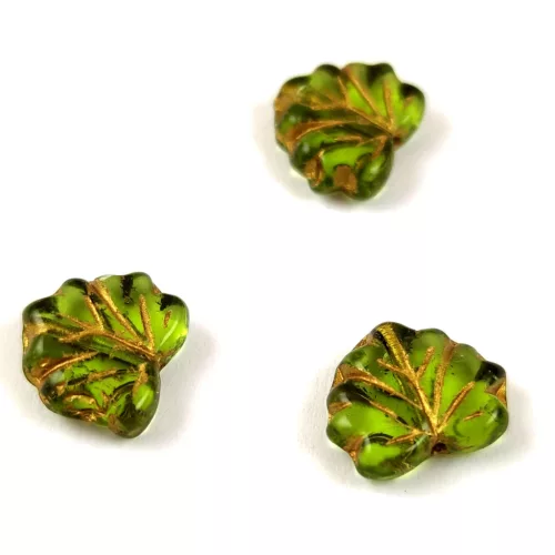 Czech Glass Bead - Maple Leaf - Emerald Gold - 13x11mm