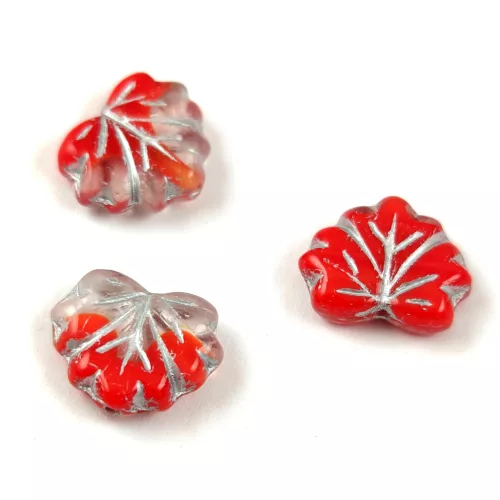 Czech Glass Bead - Maple Leaf - Red Crystal Silver - 13x11mm