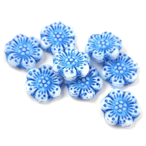 Cseh préselt gyöngy - hosszában fúrt virág - Alabaster Blue - 14mm
