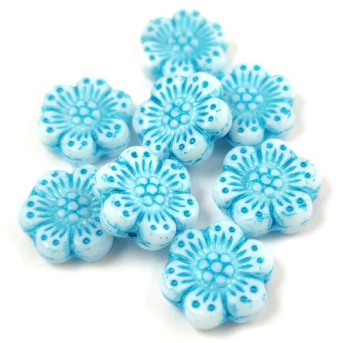 Cseh préselt gyöngy - hosszában fúrt virág - Alabaster Turquoise Blue - 14mm