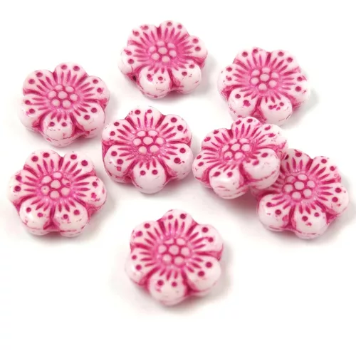 Cseh préselt gyöngy - hosszában fúrt virág - Alabaster Fuchsia - 14mm