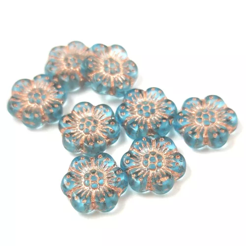 Cseh préselt gyöngy - hosszában fúrt virág - Aqua Copper - 14mm