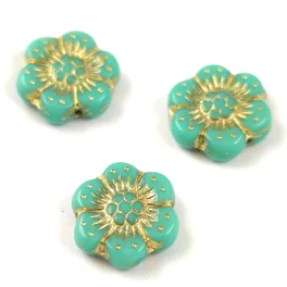   Csehpreselt gyöngy - hosszában fúrt virág - Turquoise Green Gold - 14mm