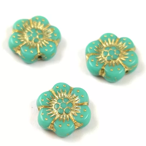 Csehpreselt gyöngy - hosszában fúrt virág - Turquoise Green Gold - 14mm