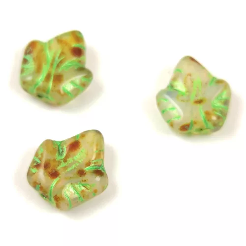 Czech Glass Bead - Grape Leaf - Opal White Travertine Lime - 16x14mm