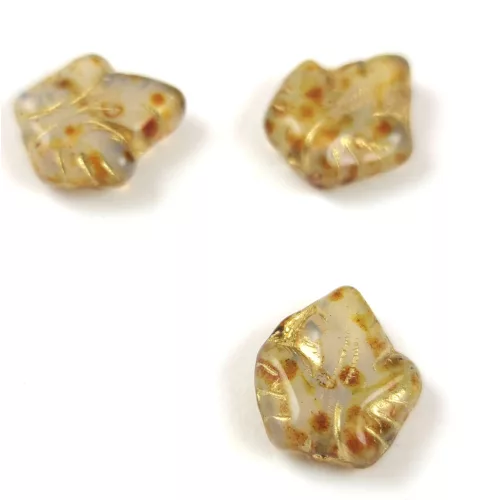 Czech Glass Bead - Grape Leaf - Opal White Travertine Gold - 16x14mm