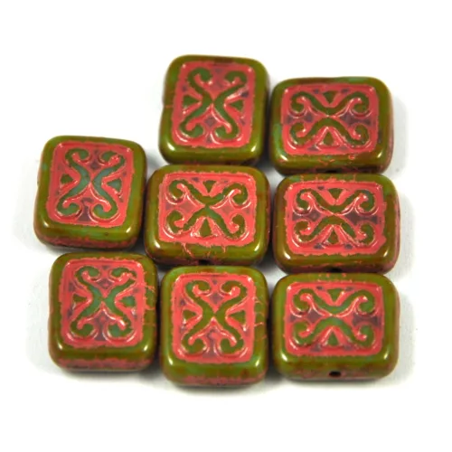 Cseh préselt gyöngy - hosszában fúrt inka négyzet - Olivin Red - 11x12mm