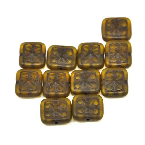 Cseh préselt gyöngy - hosszában fúrt inka négyzet - Transparent Olive Brown - 11x12mm