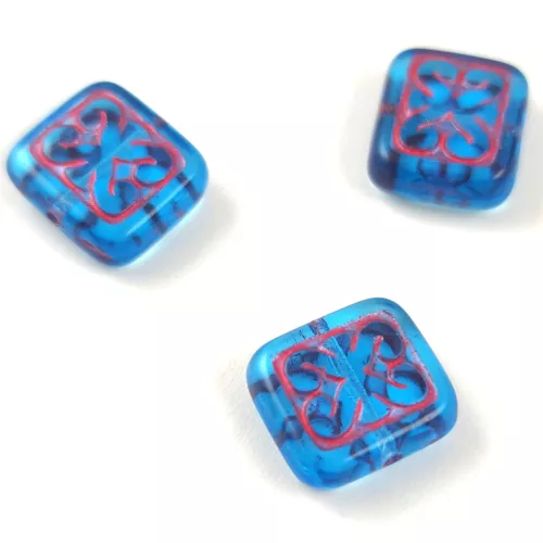 Cseh préselt gyöngy - hosszában fúrt inka négyzet - Aqua Rose - 11x12mm