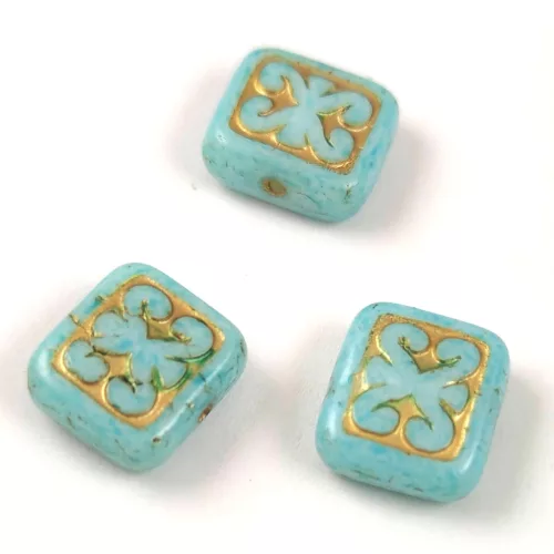 Cseh préselt gyöngy - hosszában fúrt inka négyzet - Alabaster Turquoise Gold - 11x12mm