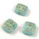 Cseh préselt gyöngy - hosszában fúrt inka négyzet - Alabaster Turquoise Gold - 11x12mm