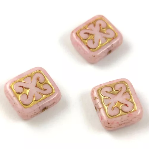 Cseh préselt gyöngy - hosszában fúrt inka négyzet - Alabaster Pink Gold - 11x12mm