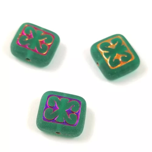 Cseh préselt gyöngy - hosszában fúrt inka négyzet - Matt Emerald Sliperit - 11x12mm