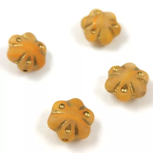 Cseh préselt üveg gyöngy - Folk Flower - Matt Orange Gold - 11mm