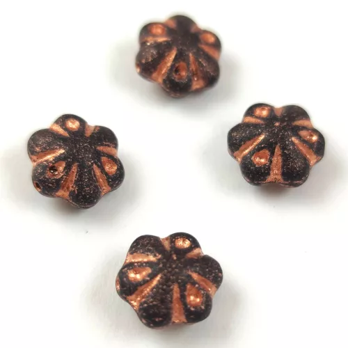 Cseh préselt üveg gyöngy - Folk Flower - Matt Jet Rose Gold - 11mm