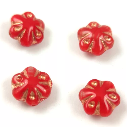 Cseh préselt üveg gyöngy - Folk Flower - Red Rose Gold - 11mm