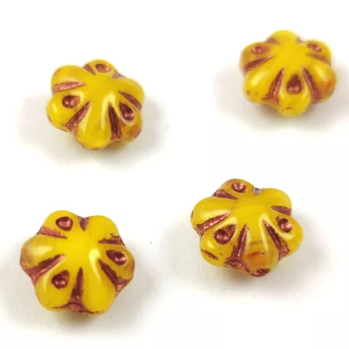 Cseh préselt üveg gyöngy - Folk Flower - Opal Yellow Copper - 11mm