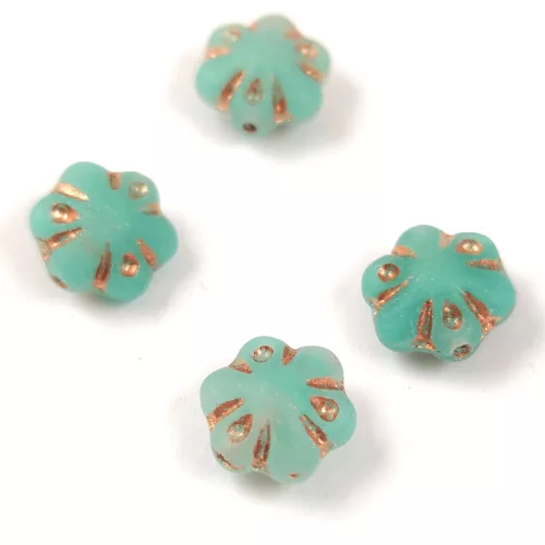 Cseh préselt üveg gyöngy - Folk Flower - Matt Opal Turquoise Green Rose Gold - 11mm