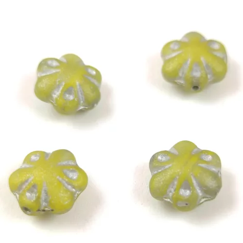 Cseh préselt üveg gyöngy - Folk Flower - Matt Opal Yellow Silver - 11mm