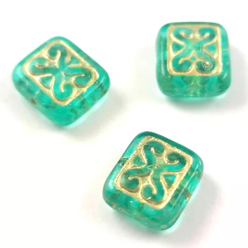 Cseh préselt gyöngy - hosszában fúrt inka párna - Crystal Emerald Gold - 11x12mm