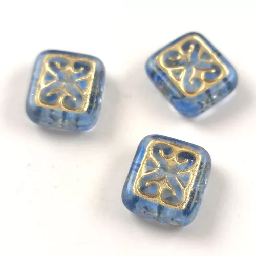 Cseh préselt gyöngy - hosszában fúrt inka párna - Crystal Light Sapphire Gold - 11x12mm