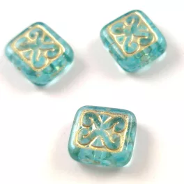   Cseh préselt gyöngy - hosszában fúrt inka párna - Crystal Light Aqua Gold - 11x12mm