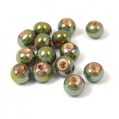Porcelán gyöngy - golyó - Iridescent Olive - 6x5mm