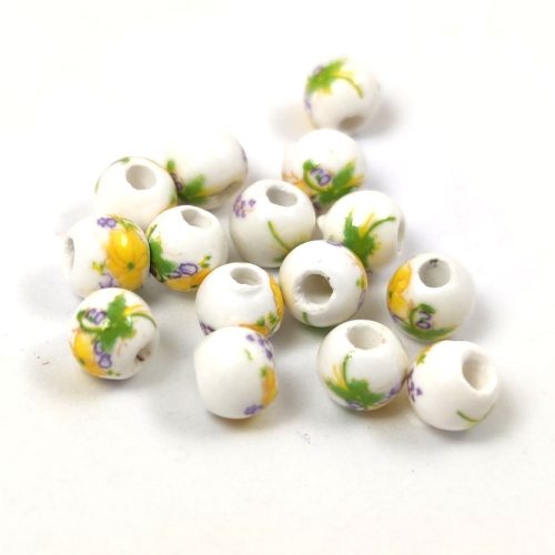 Porcelán gyöngy - golyó - Yellow Flower - 6mm