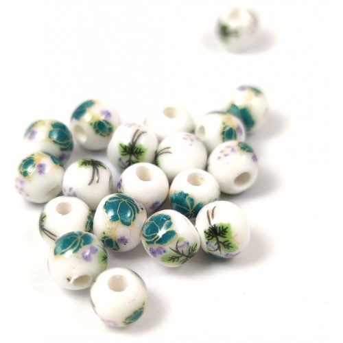Porcelán gyöngy - golyó - Green Flower - 6mm