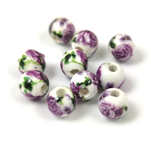 Porcelán gyöngy - golyó - Purple Flower - 6mm