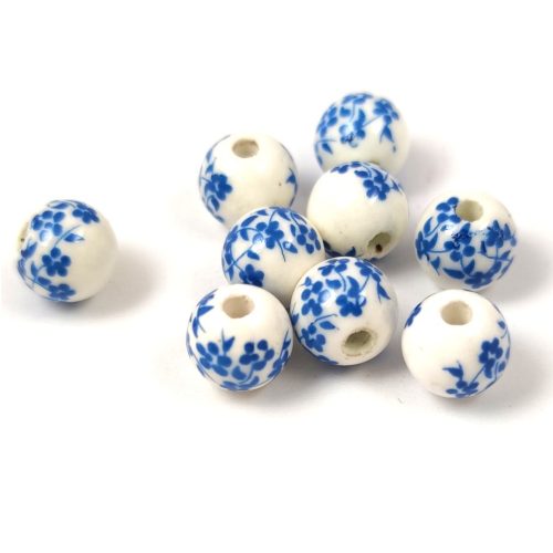 Porcelán gyöngy - golyó - Blue Flower - 8mm