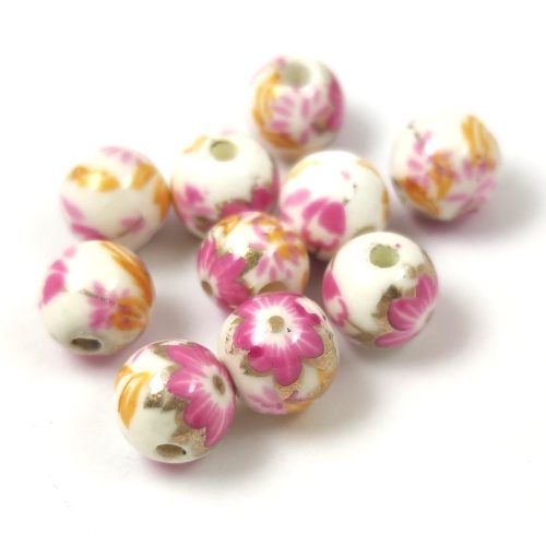 Porcelán gyöngy - golyó - Pink Yellow Flower - 8mm