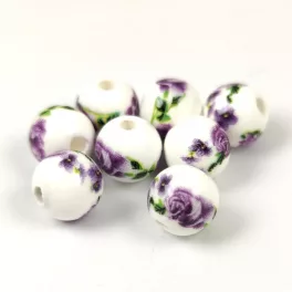   Porcelán gyöngy - golyó - Purple Flower Green Leaves - 10mm