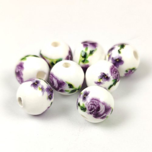 Porcelán gyöngy - golyó - Purple Flower Green Leaves - 10mm