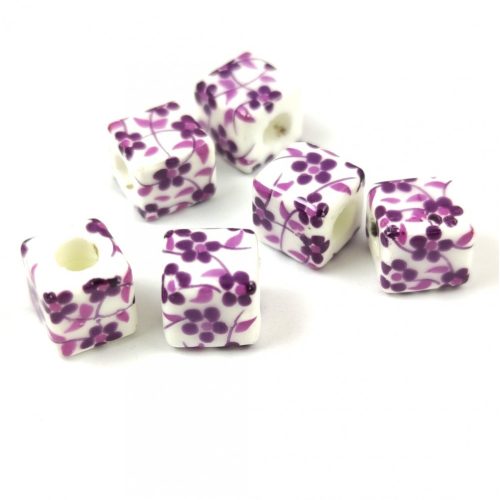 Porcelán gyöngy - kocka - Purple Flower - 10mm