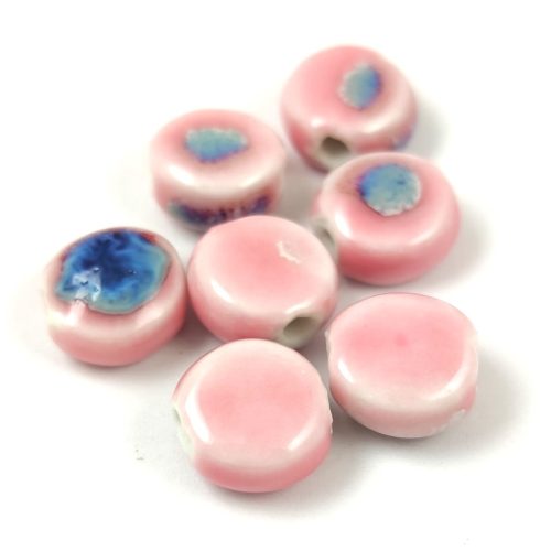 Porcelán gyöngy - lencse - Pink Blue - 11x5mm