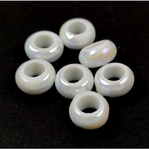 Porcelán gyöngy - gyűrű - Iridescent White - 12x6mm